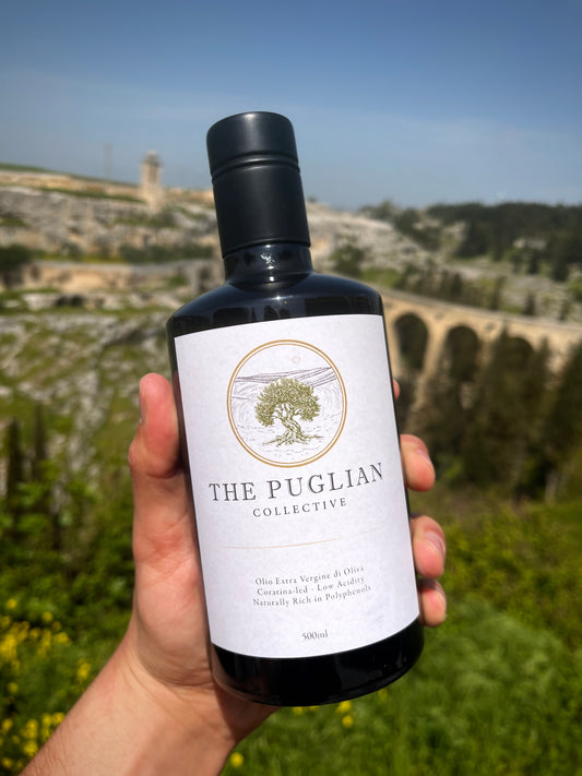 Bottle of The Puglian Collective single-estate extra virgin olive oil from Puglia